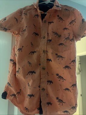 Kids Short-Sleeve Orange Dinosaur Print Button-Down Shirt